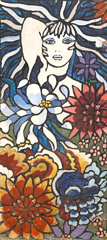 John Upton (1933-2005), Mid century abstract oil on canvas board, Portrait of a woman amongst flowers, inscribed and dated Aug, '69, unframed, 130 x 60cm